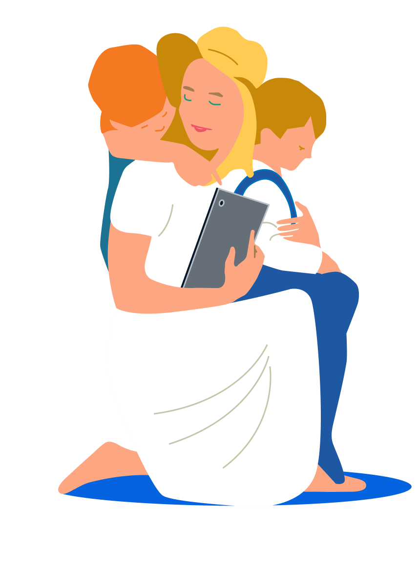 Illustration: a mother holding a tablet, hugged by her two children